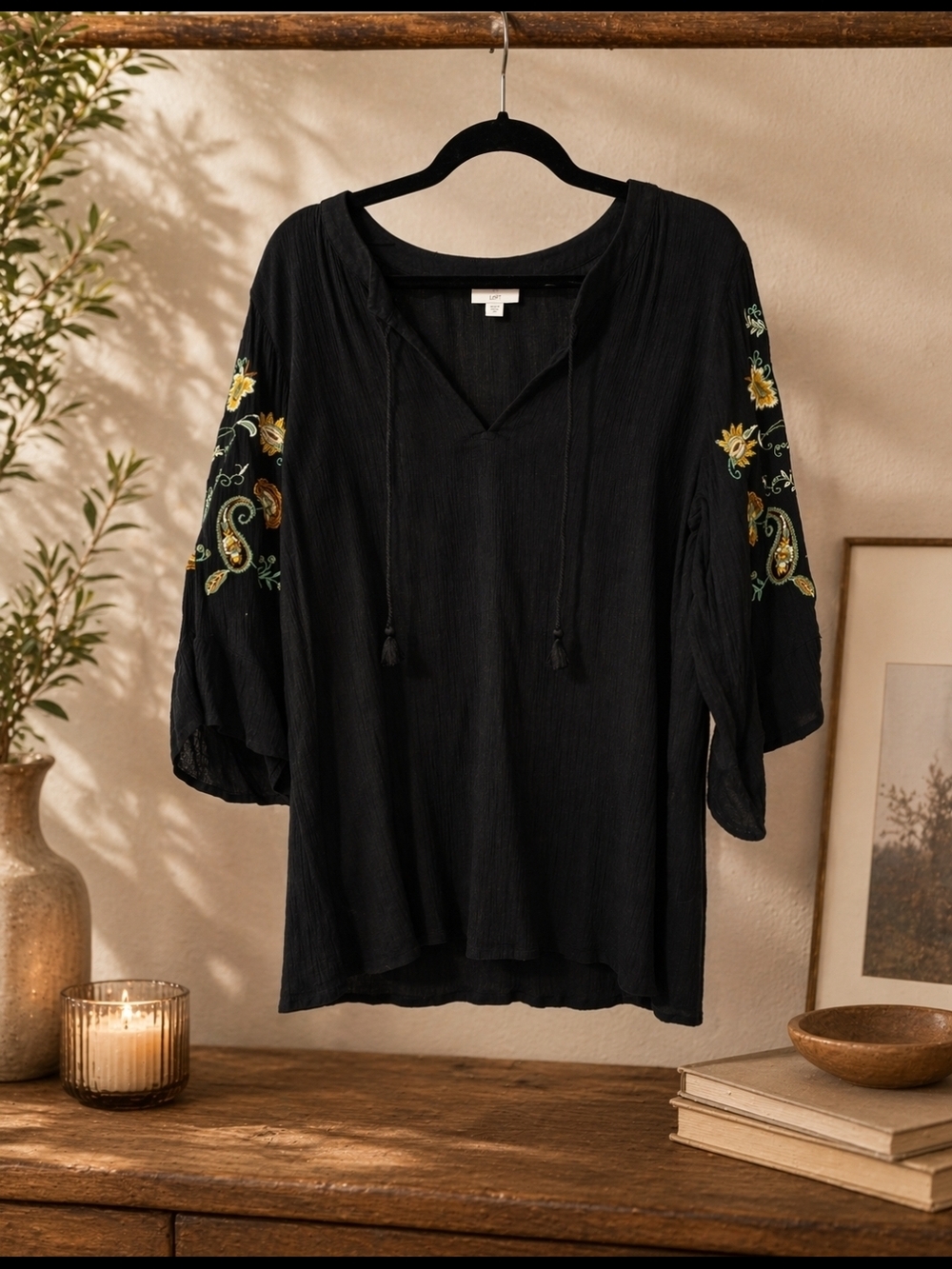 J. Jill Black Embroidered Peasant Tunic with Yellow Floral Sleeves